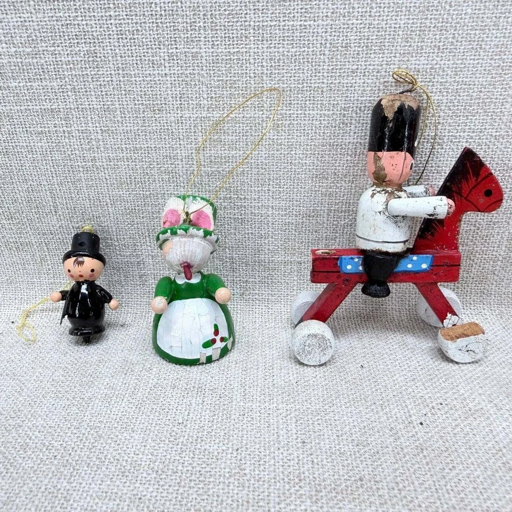 Vintage Hand Painted Wooden Christmas Ornaments Lot of 6 Soldier Balloon Clown